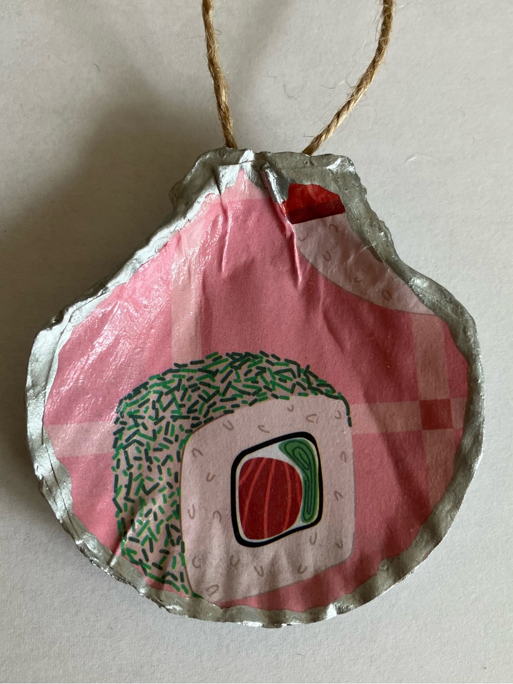 Sushi Handcrafted Seashell Ornament Decoupage 3 inch Silver Metallic